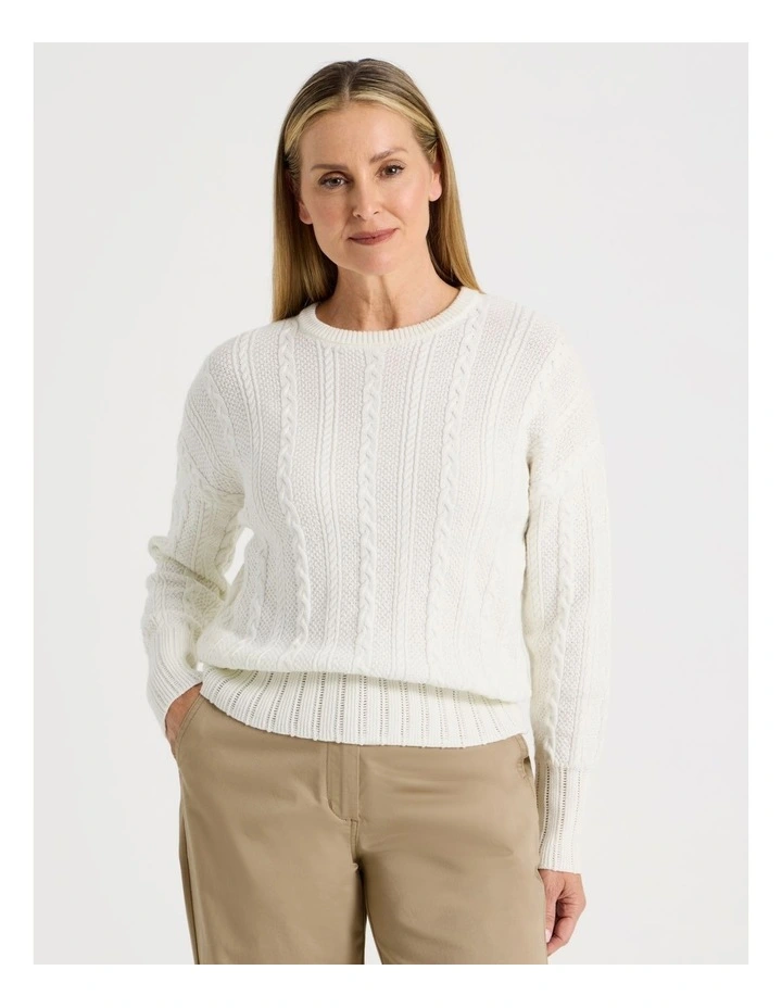 Cable Knit Long Sleeve Jumper With Pointelle Trims in Ivory image 1