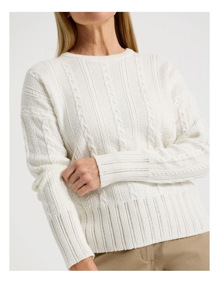 Cable Knit Long Sleeve Jumper With Pointelle Trims in Ivory image 2