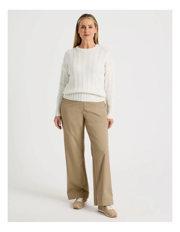 Cable Knit Long Sleeve Jumper With Pointelle Trims in Ivory image 3