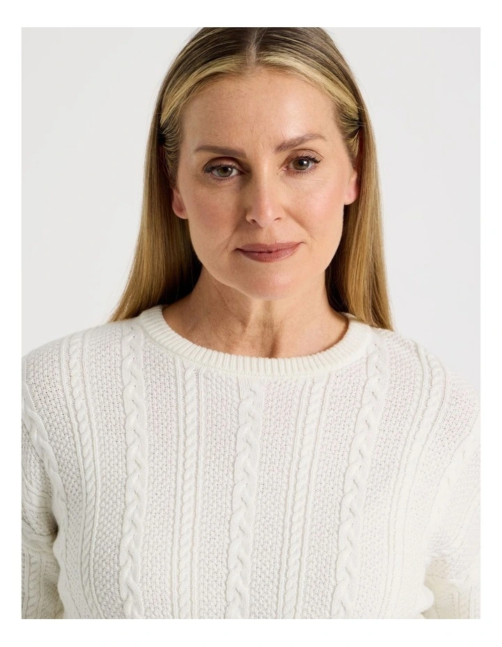 Cable Knit Long Sleeve Jumper With Pointelle Trims in Ivory image 4
