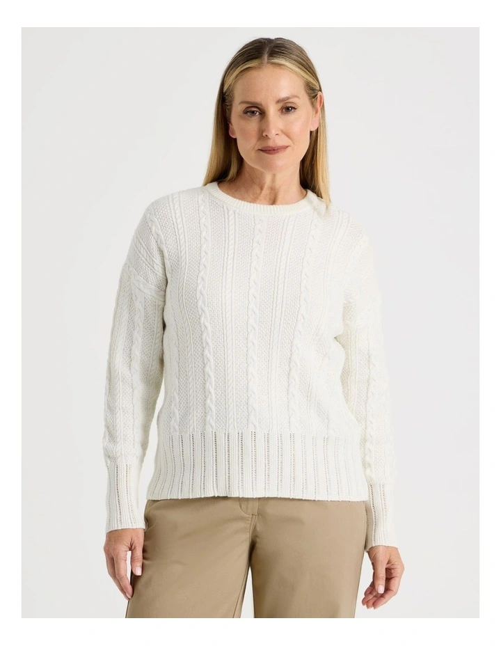 Cable Knit Long Sleeve Jumper With Pointelle Trims in Ivory image 5