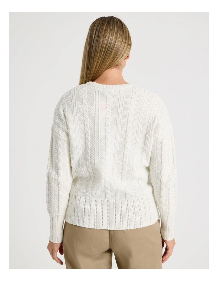 Cable Knit Long Sleeve Jumper With Pointelle Trims in Ivory image 6