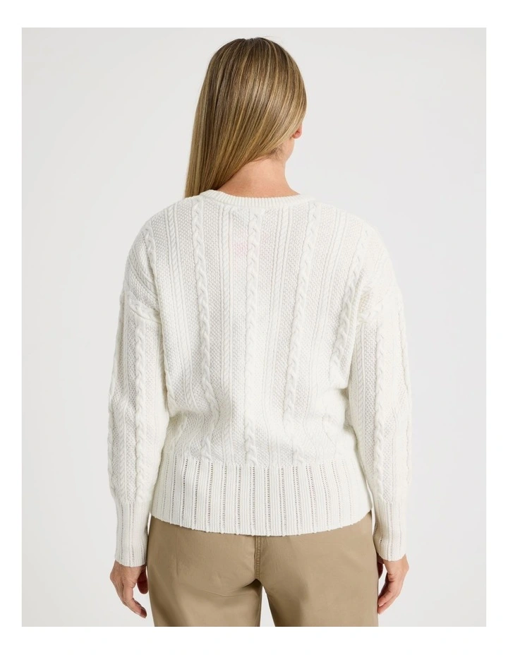 Cable Knit Long Sleeve Jumper With Pointelle Trims in Ivory image 7