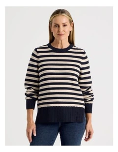 Stripe Long Sleeve Jumper With Pointelle Trims in Navy