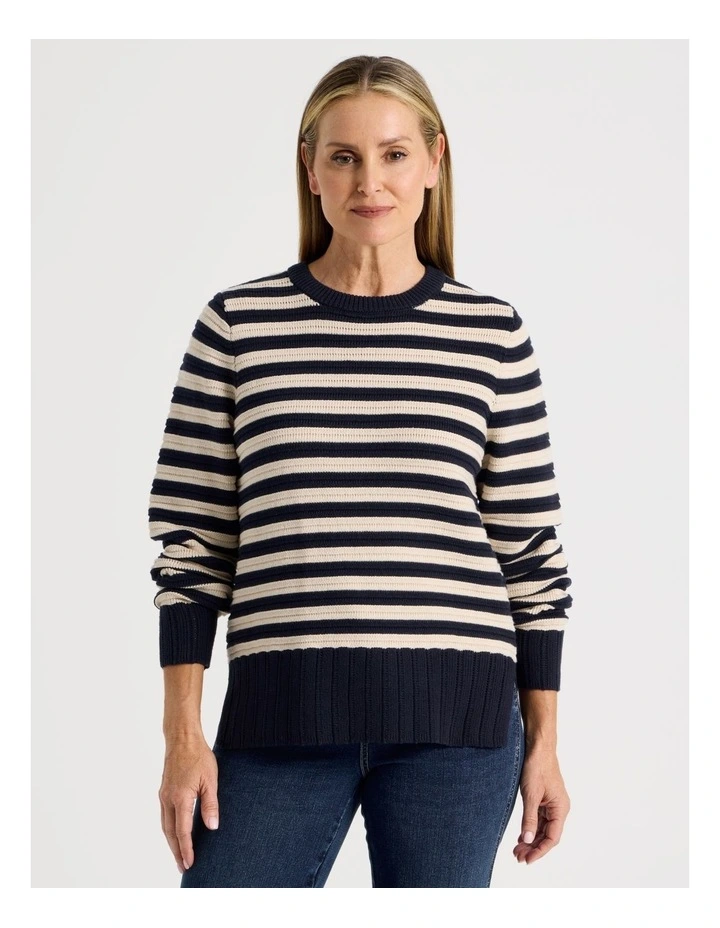 Stripe Long Sleeve Jumper With Pointelle Trims in Navy image 1