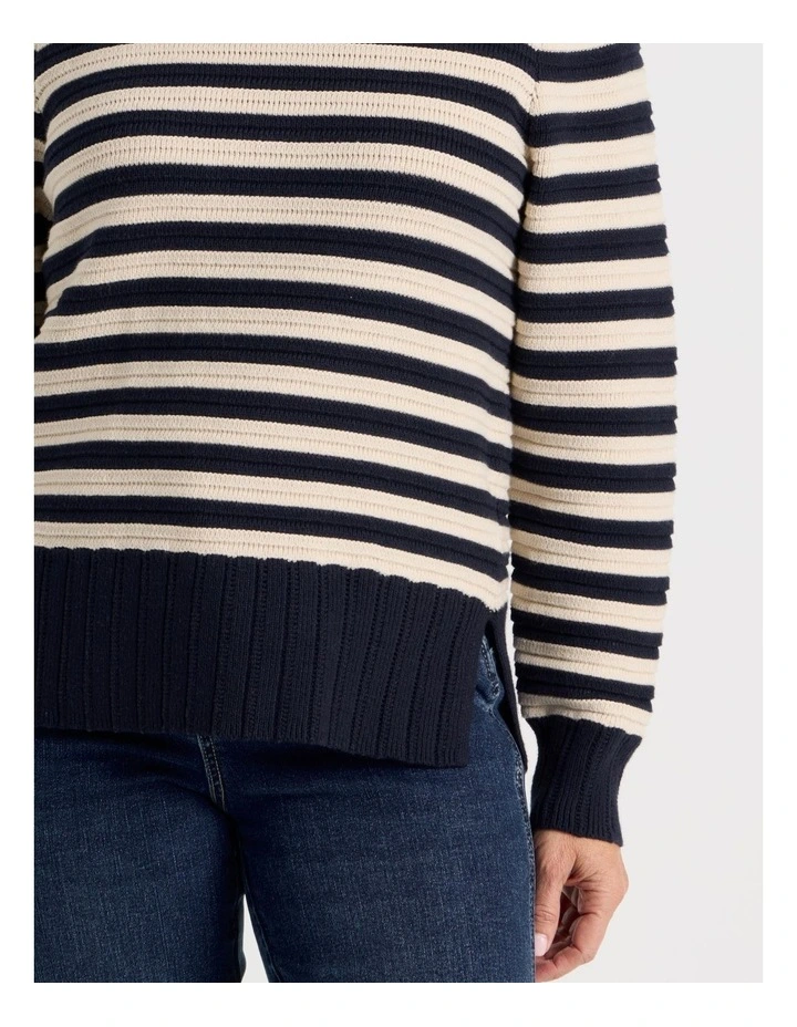 Stripe Long Sleeve Jumper With Pointelle Trims in Navy image 3