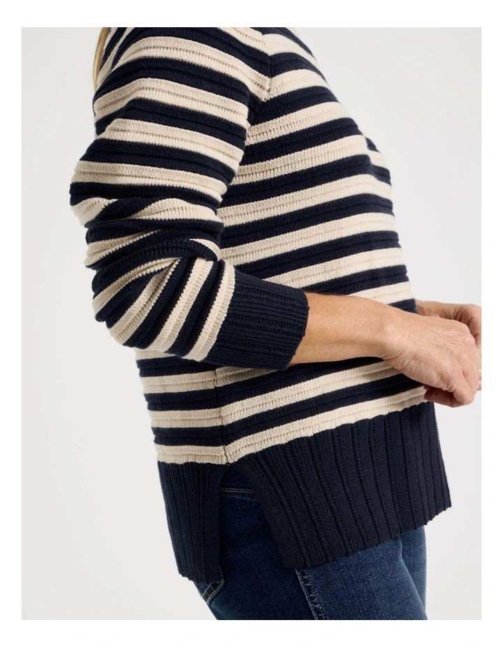 Stripe Long Sleeve Jumper With Pointelle Trims in Navy image 4
