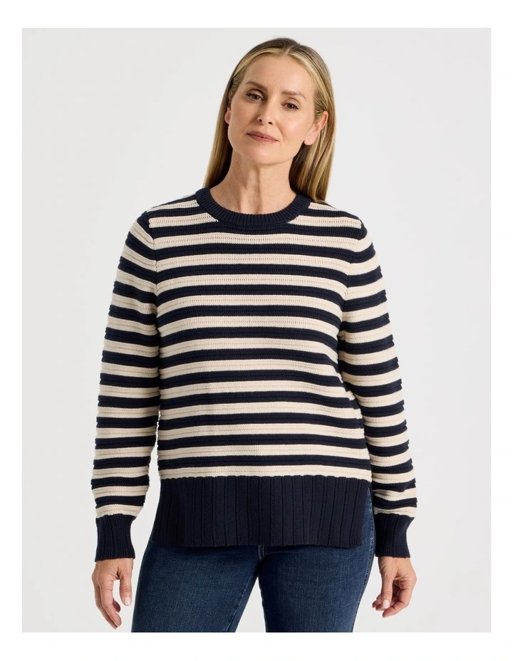 Stripe Long Sleeve Jumper With Pointelle Trims in Navy image 5