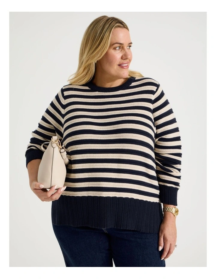 Stripe Long Sleeve Jumper With Pointelle Trims in Navy image 7