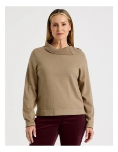 Button Shoulder Long Sleeve Jumper With Fold Neck in Camel