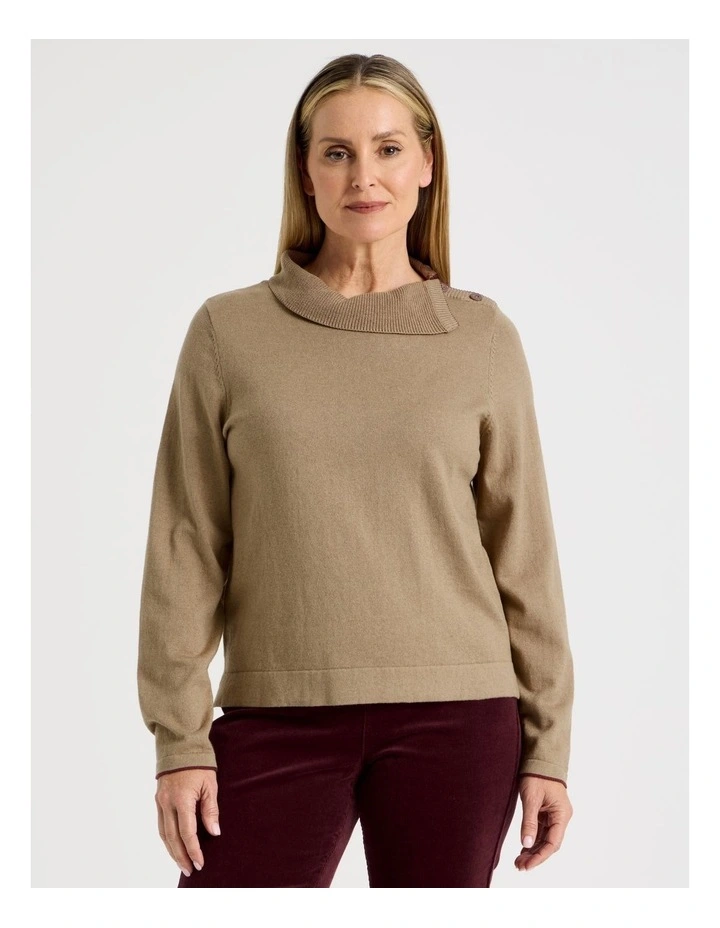 Button Shoulder Long Sleeve Jumper With Fold Neck in Camel image 1