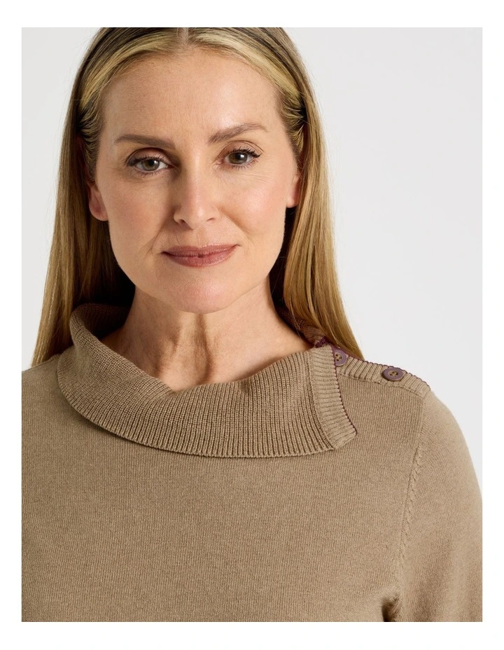 Button Shoulder Long Sleeve Jumper With Fold Neck in Camel image 2