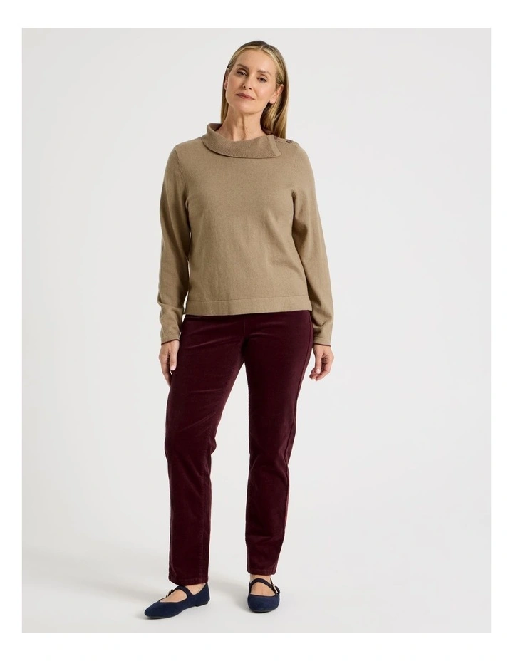 Button Shoulder Long Sleeve Jumper With Fold Neck in Camel image 3