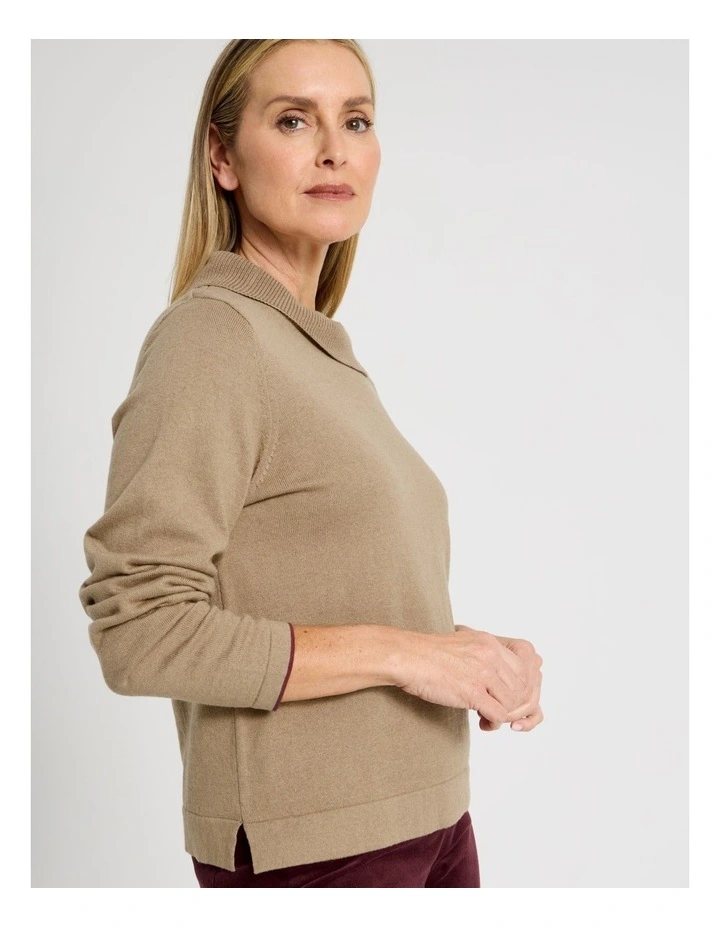 Button Shoulder Long Sleeve Jumper With Fold Neck in Camel image 4