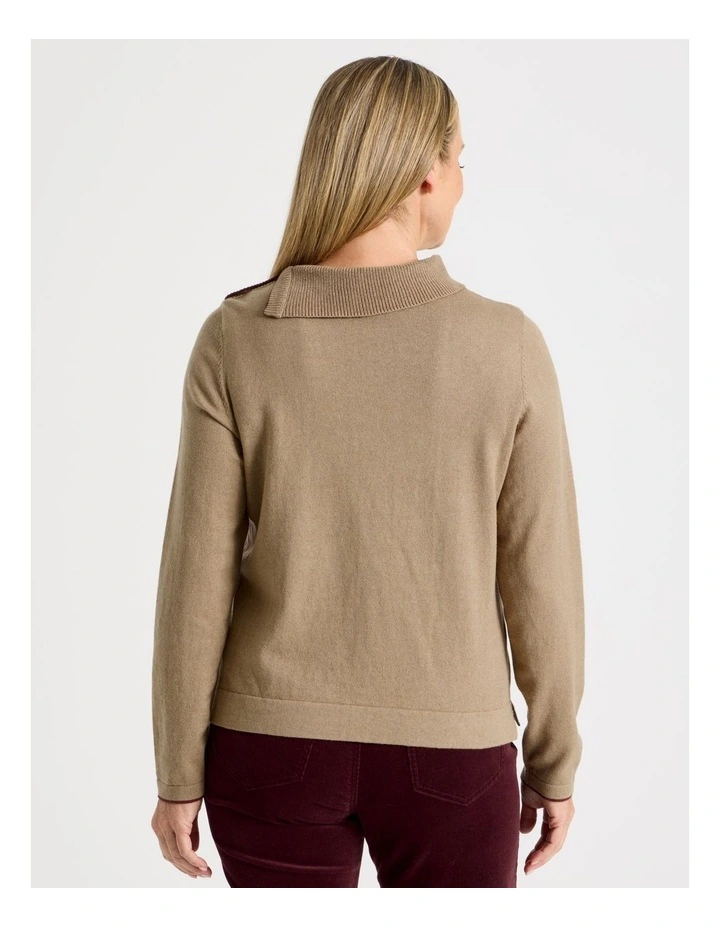 Button Shoulder Long Sleeve Jumper With Fold Neck in Camel image 6
