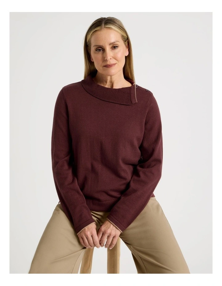 Button Shoulder Long Sleeve Jumper With Fold Neck in Burgundy image 1