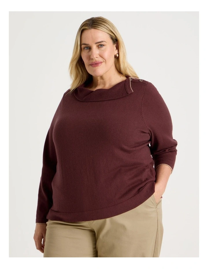 Button Shoulder Long Sleeve Jumper With Fold Neck in Burgundy image 2