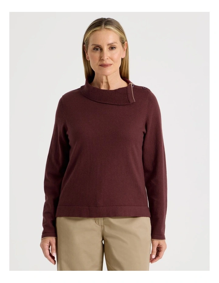 Button Shoulder Long Sleeve Jumper With Fold Neck in Burgundy image 3