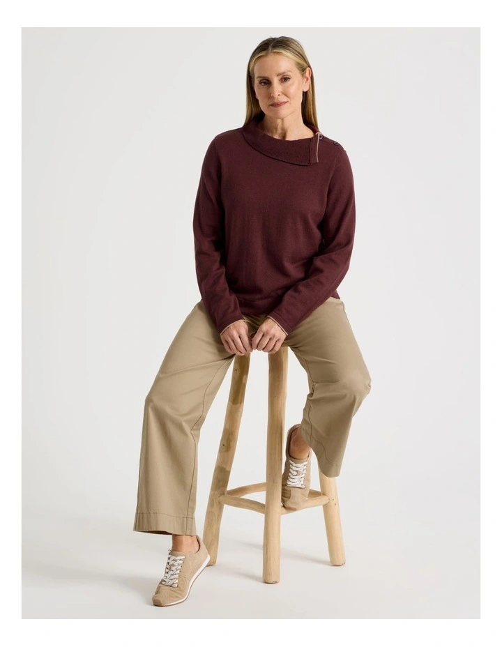 Button Shoulder Long Sleeve Jumper With Fold Neck in Burgundy image 4