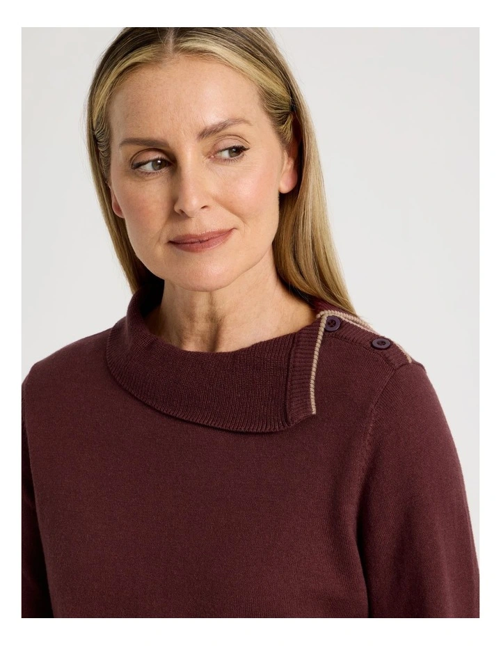 Button Shoulder Long Sleeve Jumper With Fold Neck in Burgundy image 6