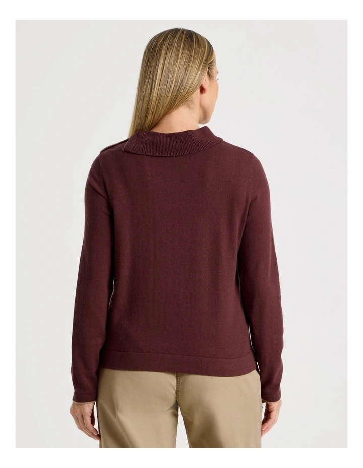 Button Shoulder Long Sleeve Jumper With Fold Neck in Burgundy image 7