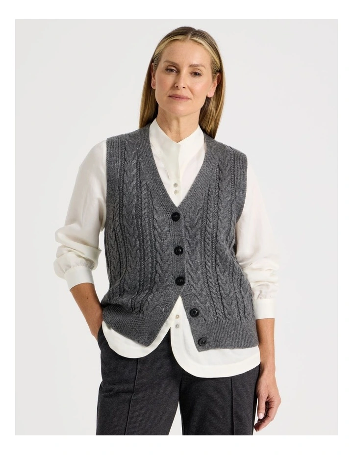 V Neck Button Front Cable Vest in Salt & Pepper image 1