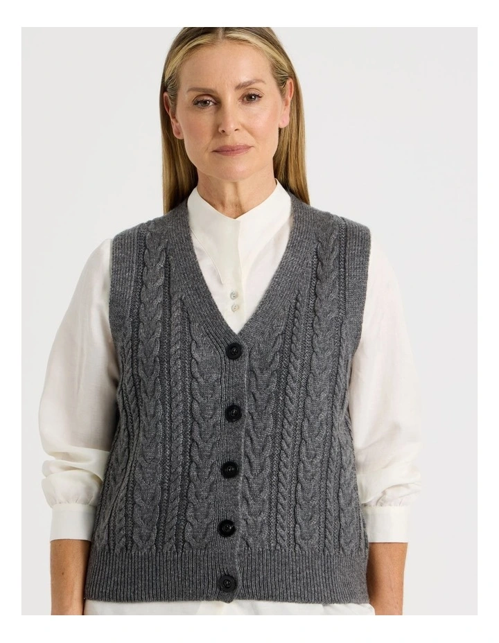 V Neck Button Front Cable Vest in Salt & Pepper image 4
