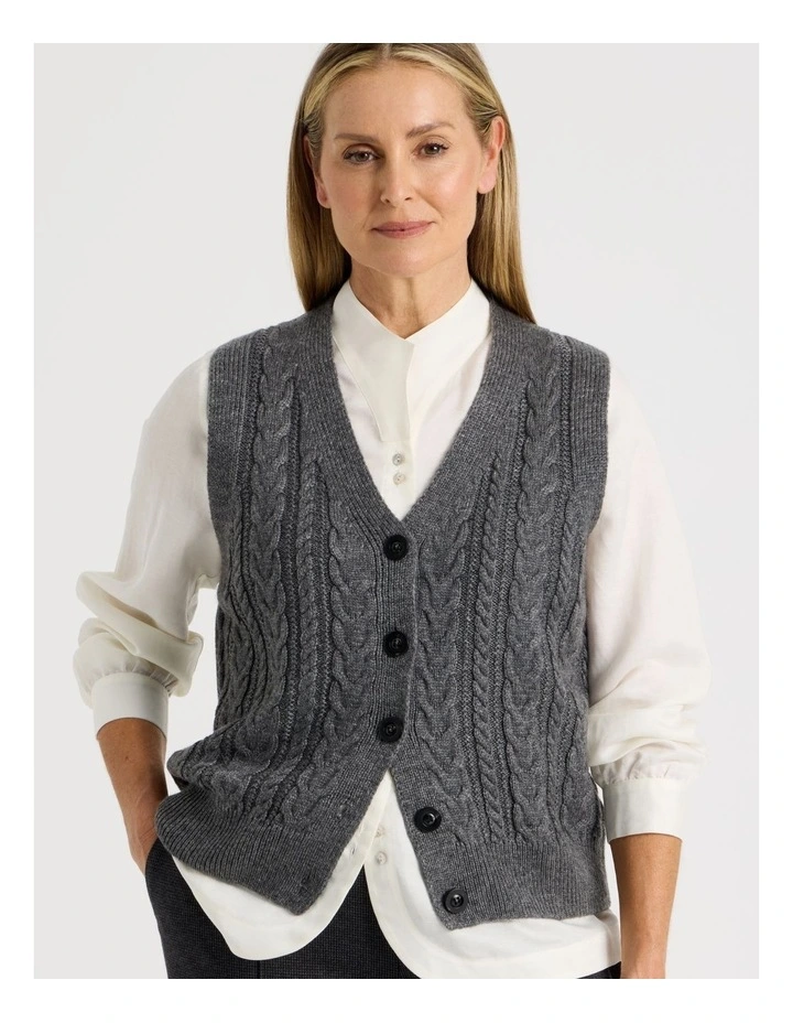V Neck Button Front Cable Vest in Salt & Pepper image 5