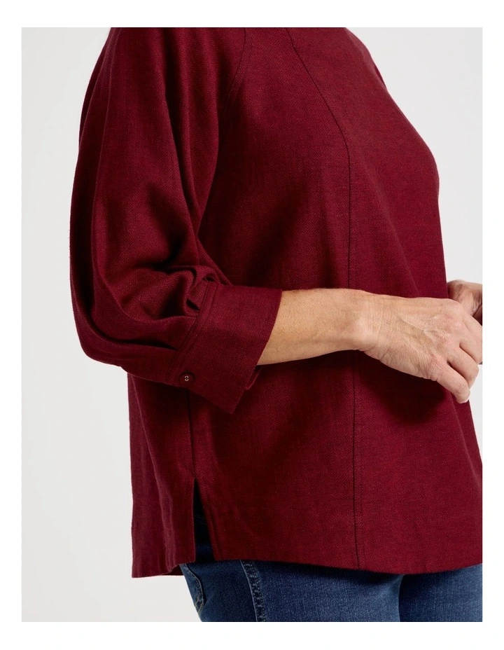 Elbow Length Pleat Sleeve Spliced Top in Burgundy/Red image 2
