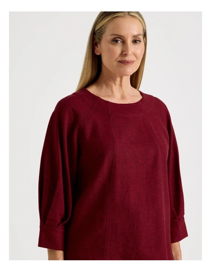 Elbow Length Pleat Sleeve Spliced Top in Burgundy/Red image 3