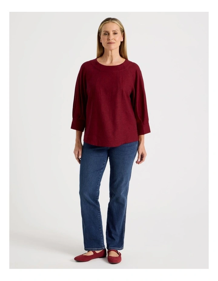 Elbow Length Pleat Sleeve Spliced Top in Burgundy/Red image 4