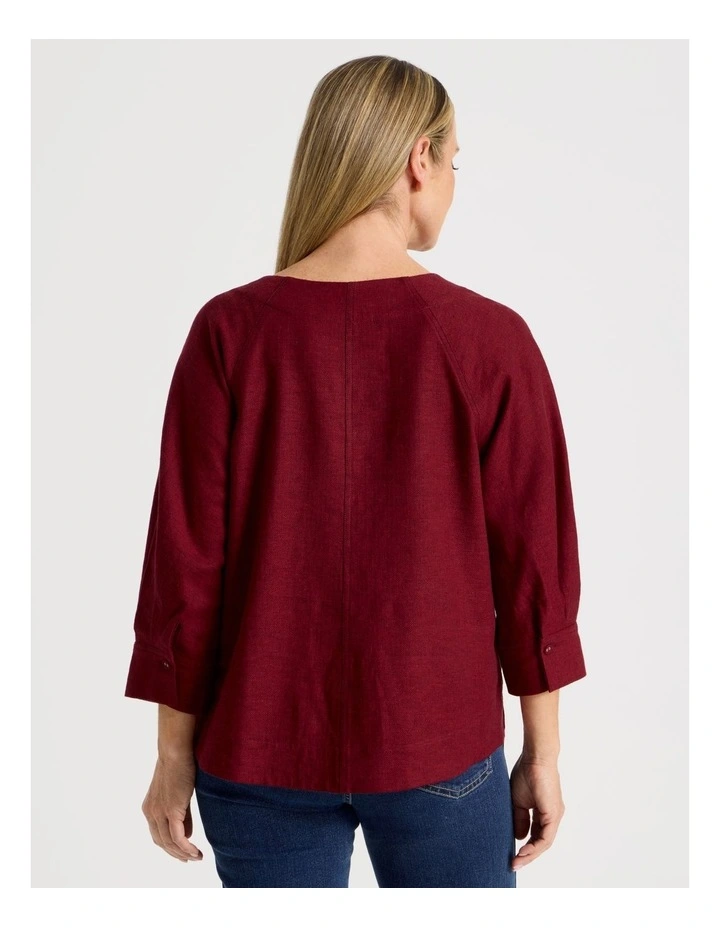 Elbow Length Pleat Sleeve Spliced Top in Burgundy/Red image 5