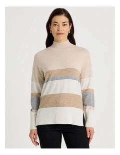 Wide Stripe Long Sleeve Turtle Neck Jumper in Stone Stripe