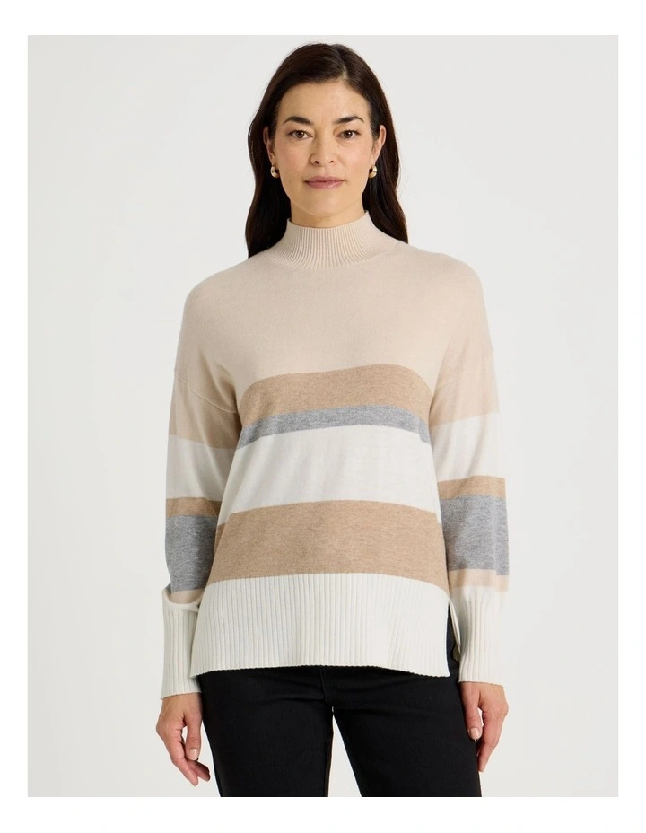 Wide Stripe Long Sleeve Turtle Neck Jumper in Stone Stripe image 1