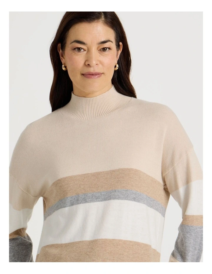 Wide Stripe Long Sleeve Turtle Neck Jumper in Stone Stripe image 3