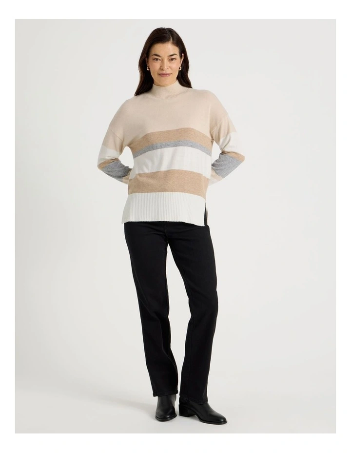 Wide Stripe Long Sleeve Turtle Neck Jumper in Stone Stripe image 4