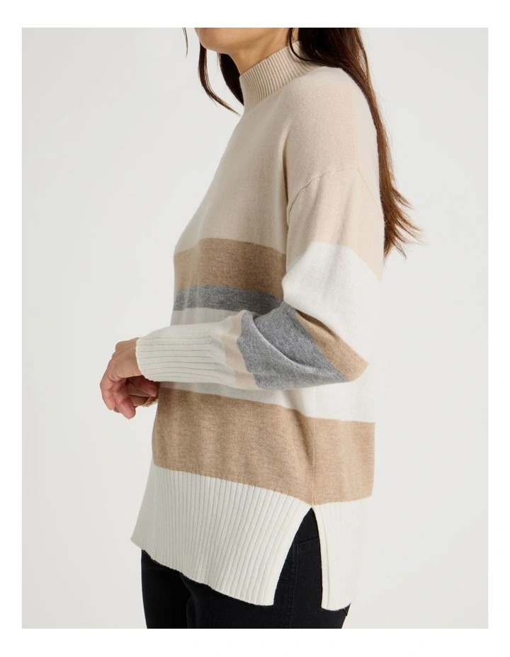 Wide Stripe Long Sleeve Turtle Neck Jumper in Stone Stripe image 5