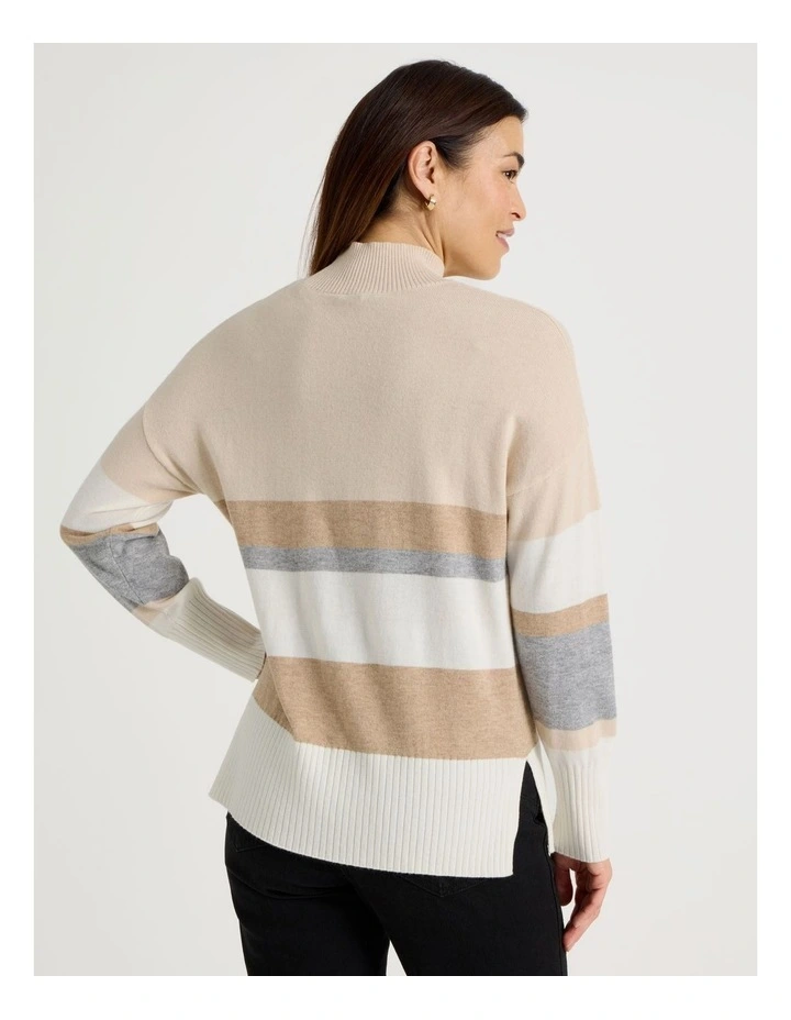 Wide Stripe Long Sleeve Turtle Neck Jumper in Stone Stripe image 6