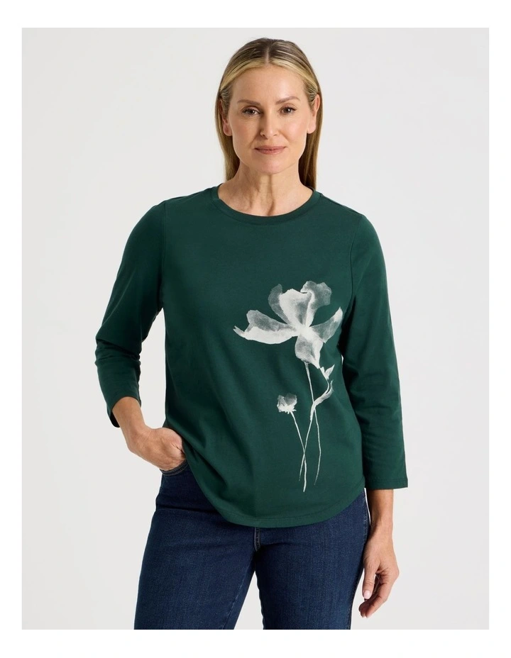 3/4 Sleeve Wardrobe Staple Tee in Forest Placement Print Floral image 1