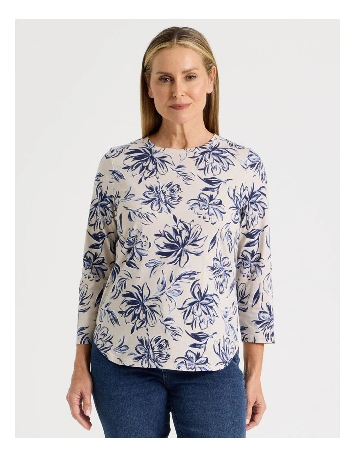 3/4 Sleeve Wardrobe Staple Tee in Oat Floral Print image 2