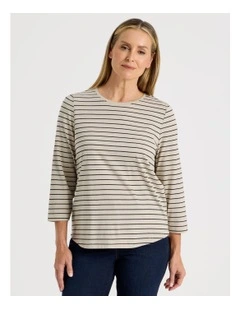 3/4 Sleeve Wardrobe Staple Tee in Neutral/Black Stripe