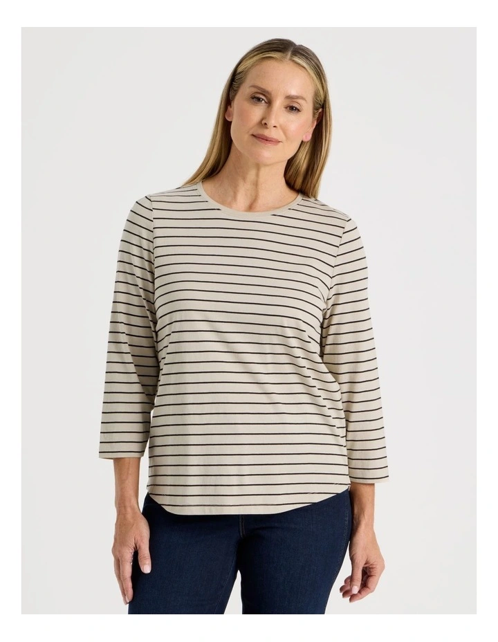 3/4 Sleeve Wardrobe Staple Tee in Neutral/Black Stripe image 1