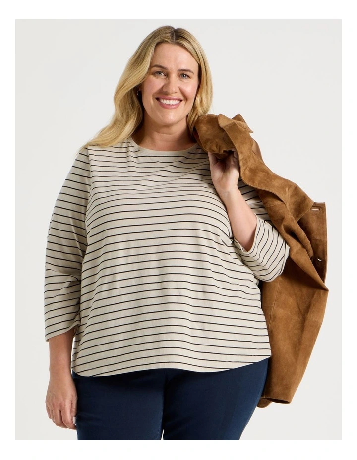 3/4 Sleeve Wardrobe Staple Tee in Neutral/Black Stripe image 2