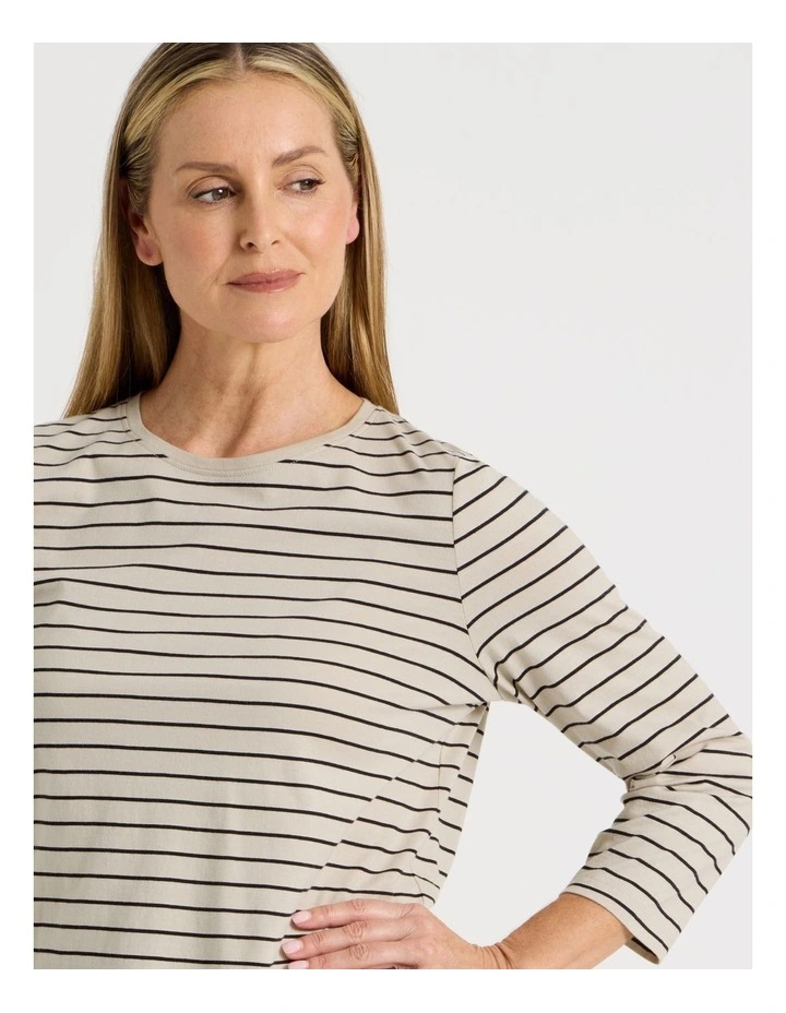3/4 Sleeve Wardrobe Staple Tee in Neutral/Black Stripe image 2