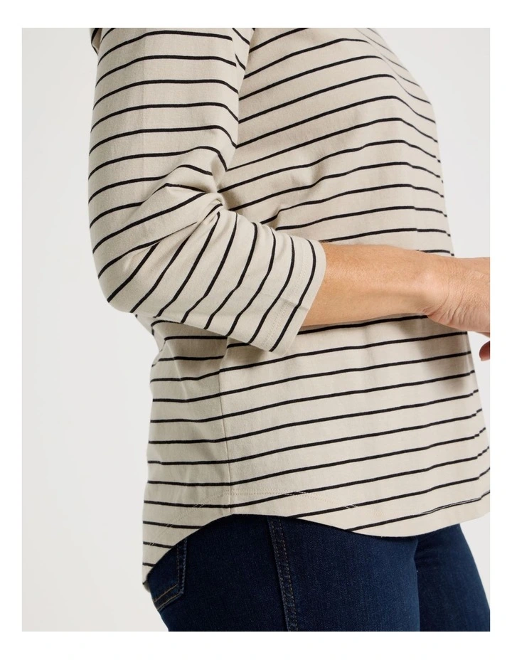 3/4 Sleeve Wardrobe Staple Tee in Neutral/Black Stripe image 3