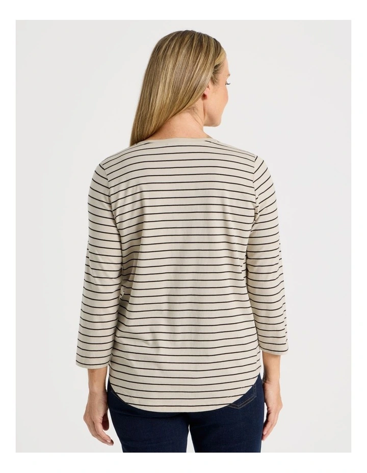 3/4 Sleeve Wardrobe Staple Tee in Neutral/Black Stripe image 4