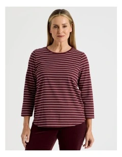 3/4 Sleeve Wardrobe Staple Tee in Burgundy Stripe