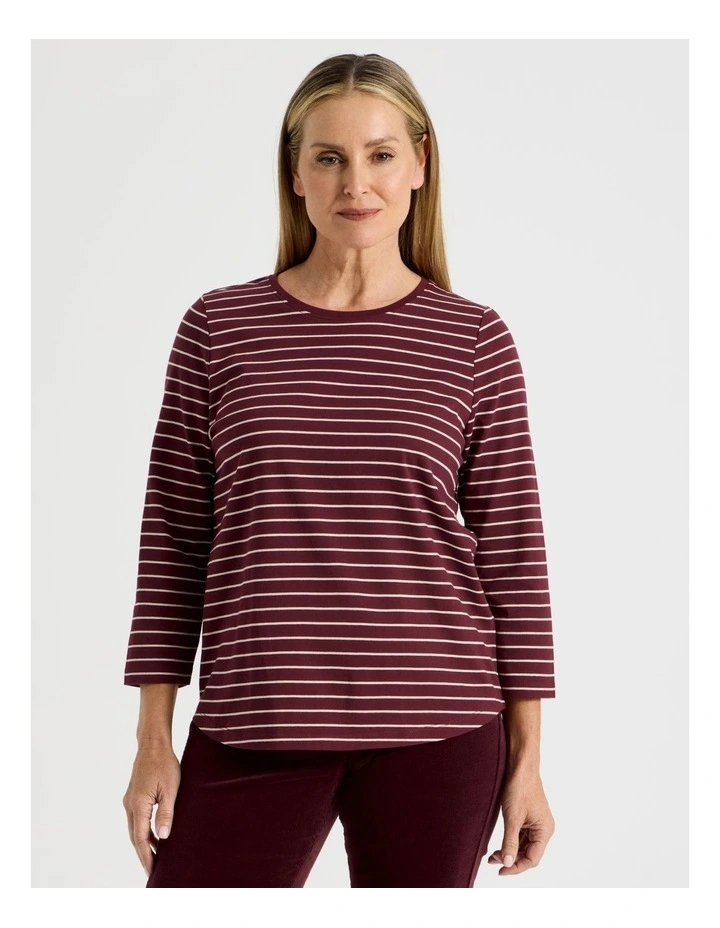 3/4 Sleeve Wardrobe Staple Tee in Burgundy Stripe image 1