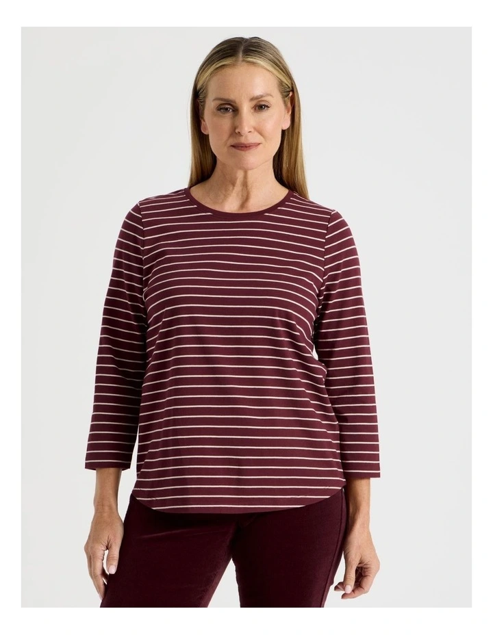 3/4 Sleeve Wardrobe Staple Tee in Burgundy Stripe image 2