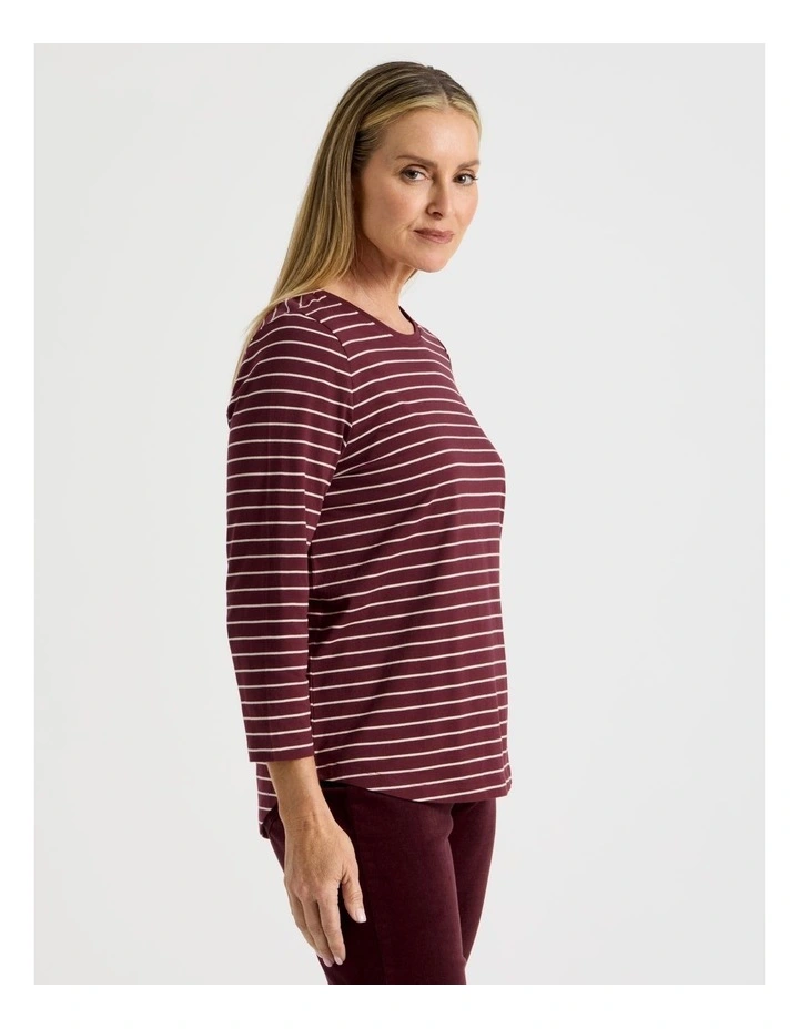 3/4 Sleeve Wardrobe Staple Tee in Burgundy Stripe image 3